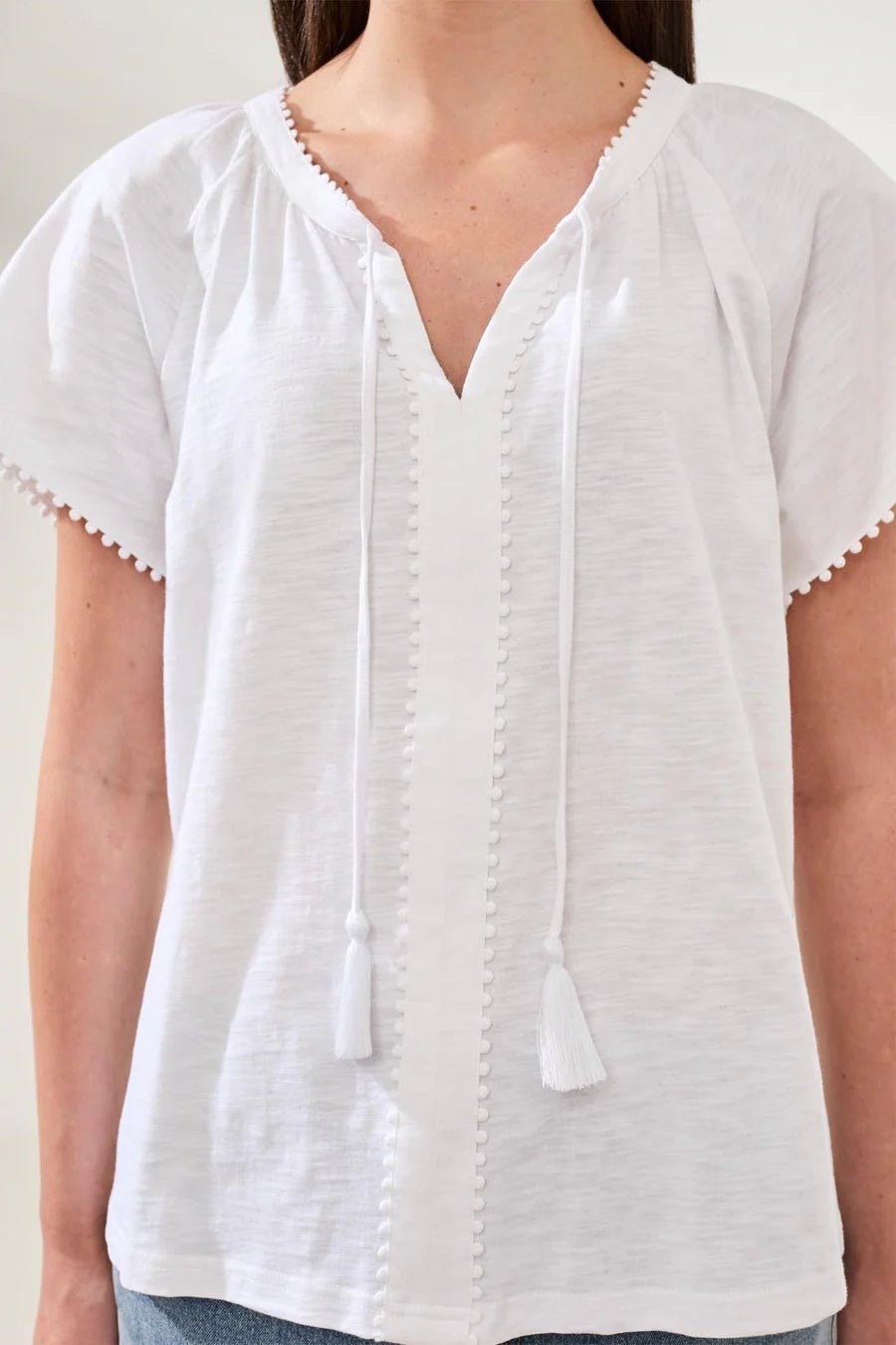 Tribal Cotton Slub Split Neck Tassel Top | White