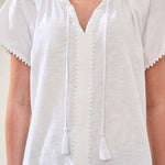 Tribal Cotton Slub Split Neck Tassel Top | White - Juli's Wearable Art