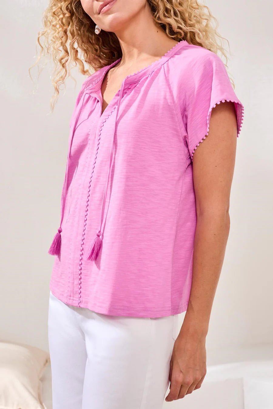 Tribal Cotton Slub Split Neck Tassel Top | Wisteria - Juli's Wearable Art