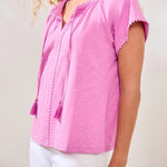 Tribal Cotton Slub Split Neck Tassel Top | Wisteria - Juli's Wearable Art