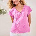 Tribal Cotton Slub Split Neck Tassel Top | Wisteria - Juli's Wearable Art