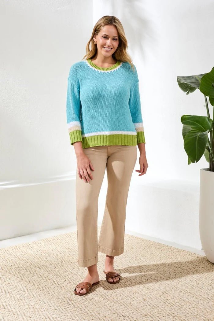 Tribal Crew Neck Cotton Sweater | Aqua Sky - Juli's Wearable Art