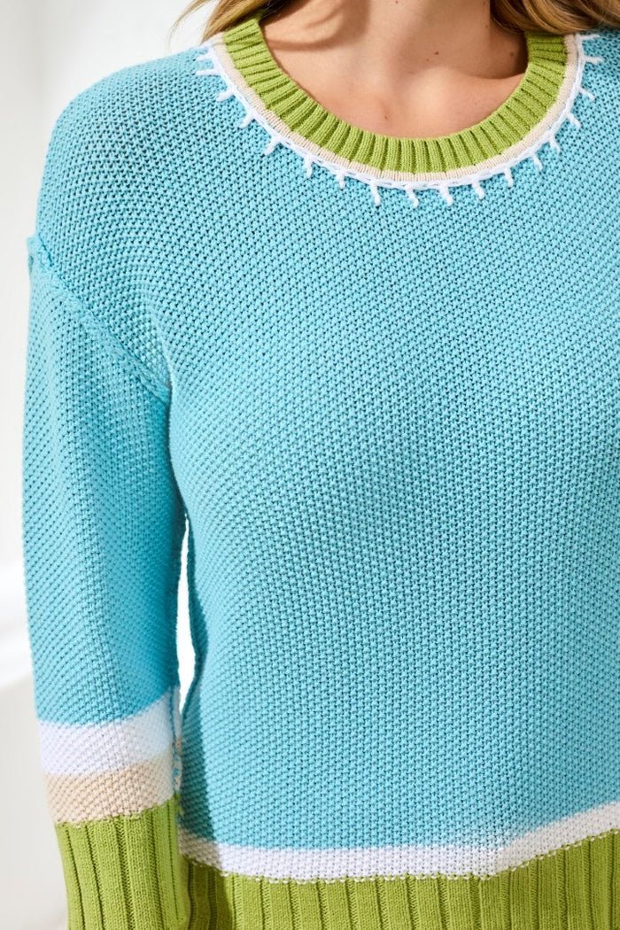 Tribal Crew Neck Cotton Sweater | Aqua Sky - Juli's Wearable Art