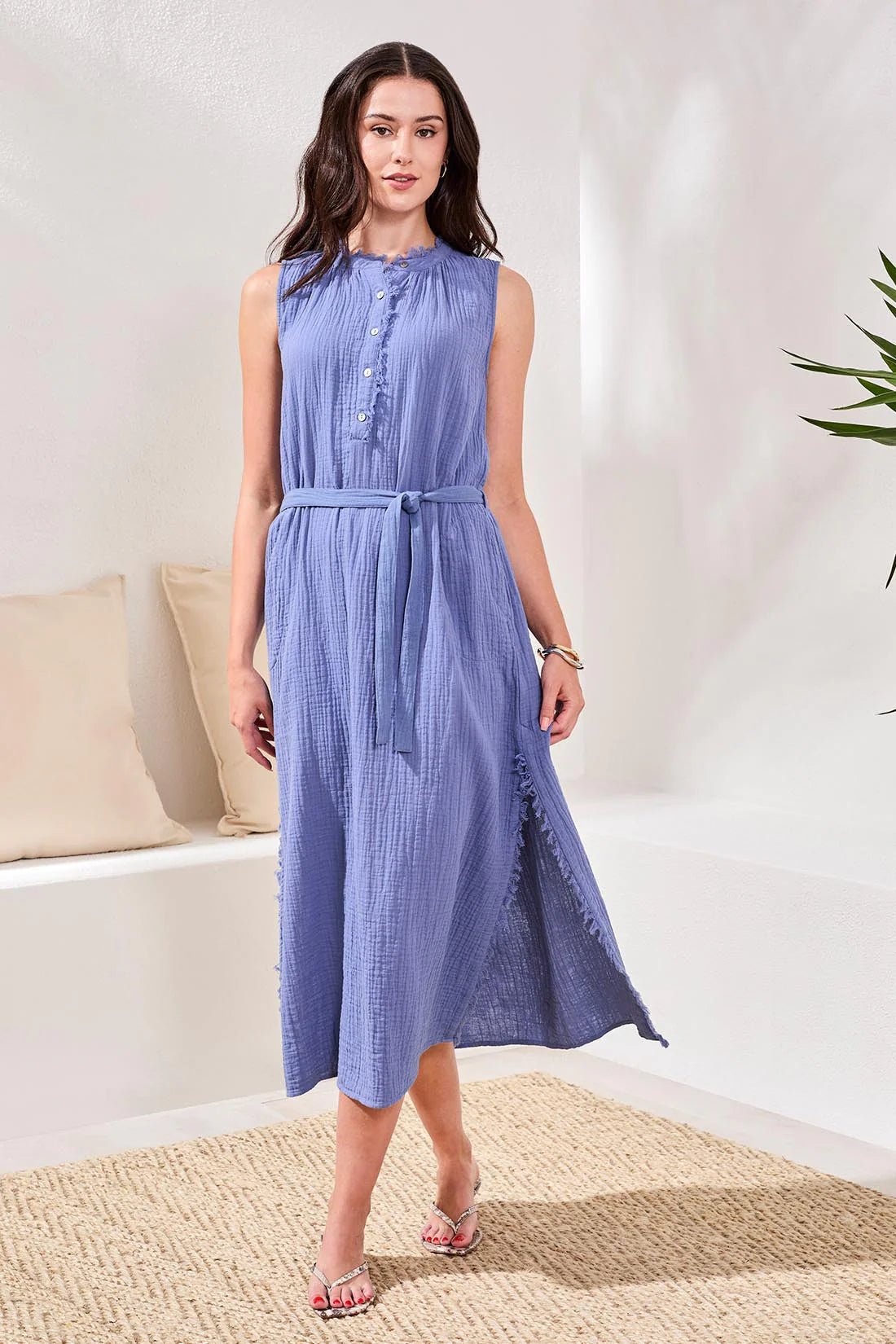 Tribal Crinkle Gauze Button - Front Belted Midi Dress | Seahaven - Juli's Wearable Art