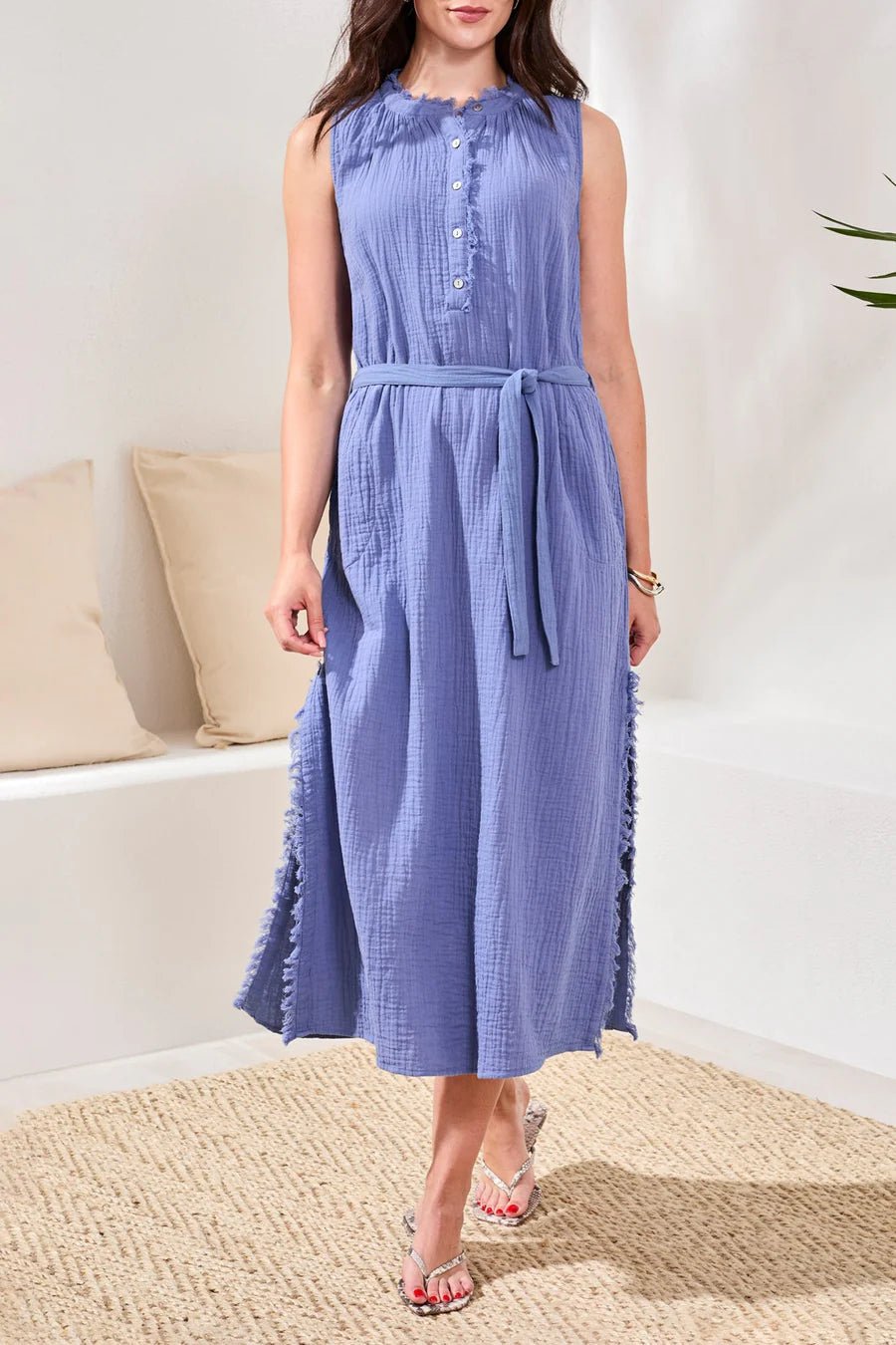 Tribal Crinkle Gauze Button-Front Belted Midi Dress | Seahaven