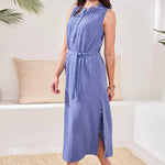 Tribal Crinkle Gauze Button - Front Belted Midi Dress | Seahaven - Juli's Wearable Art
