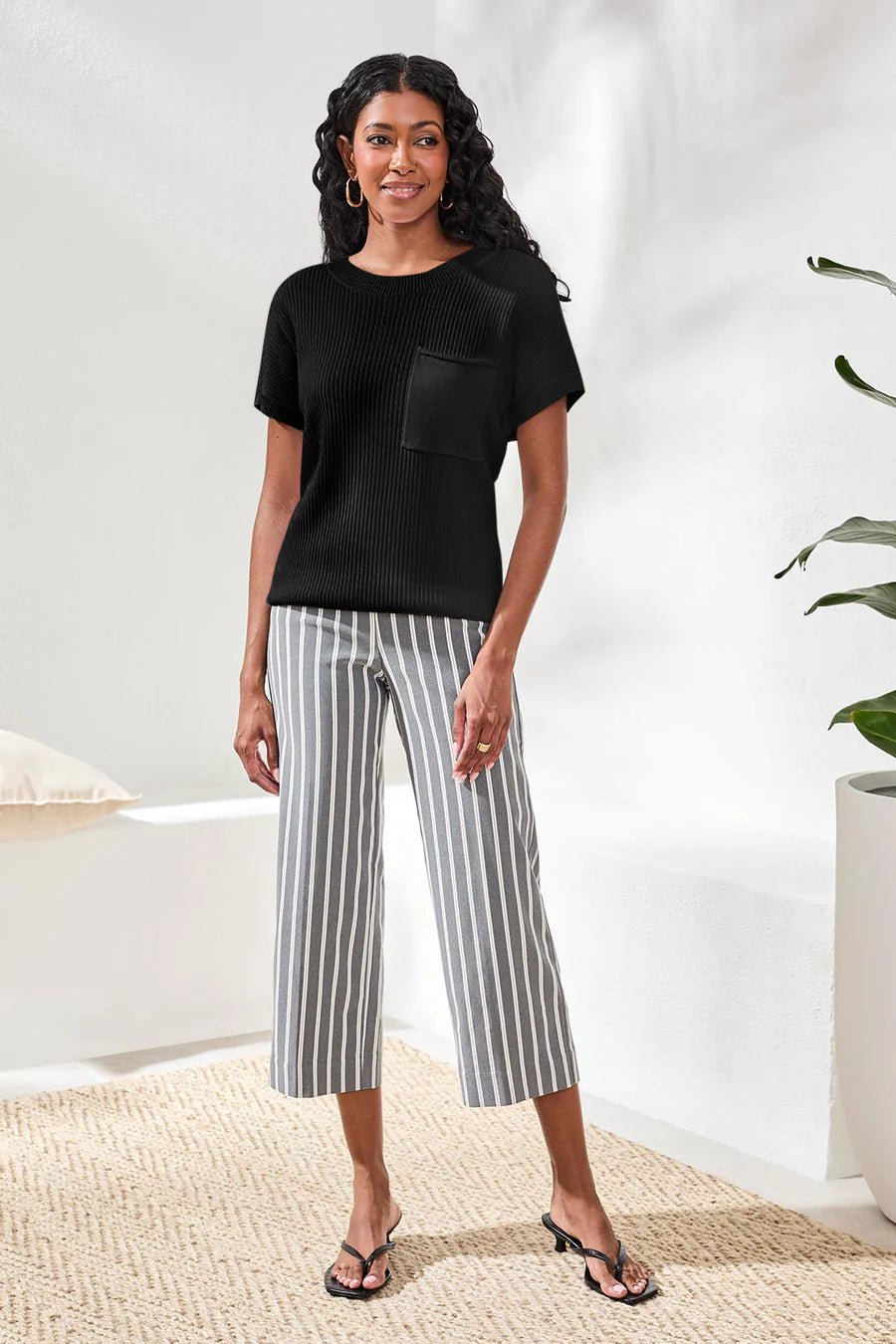 Tribal Dolman Short Sleeve Ribbed Knit Top with Pocket | Black
