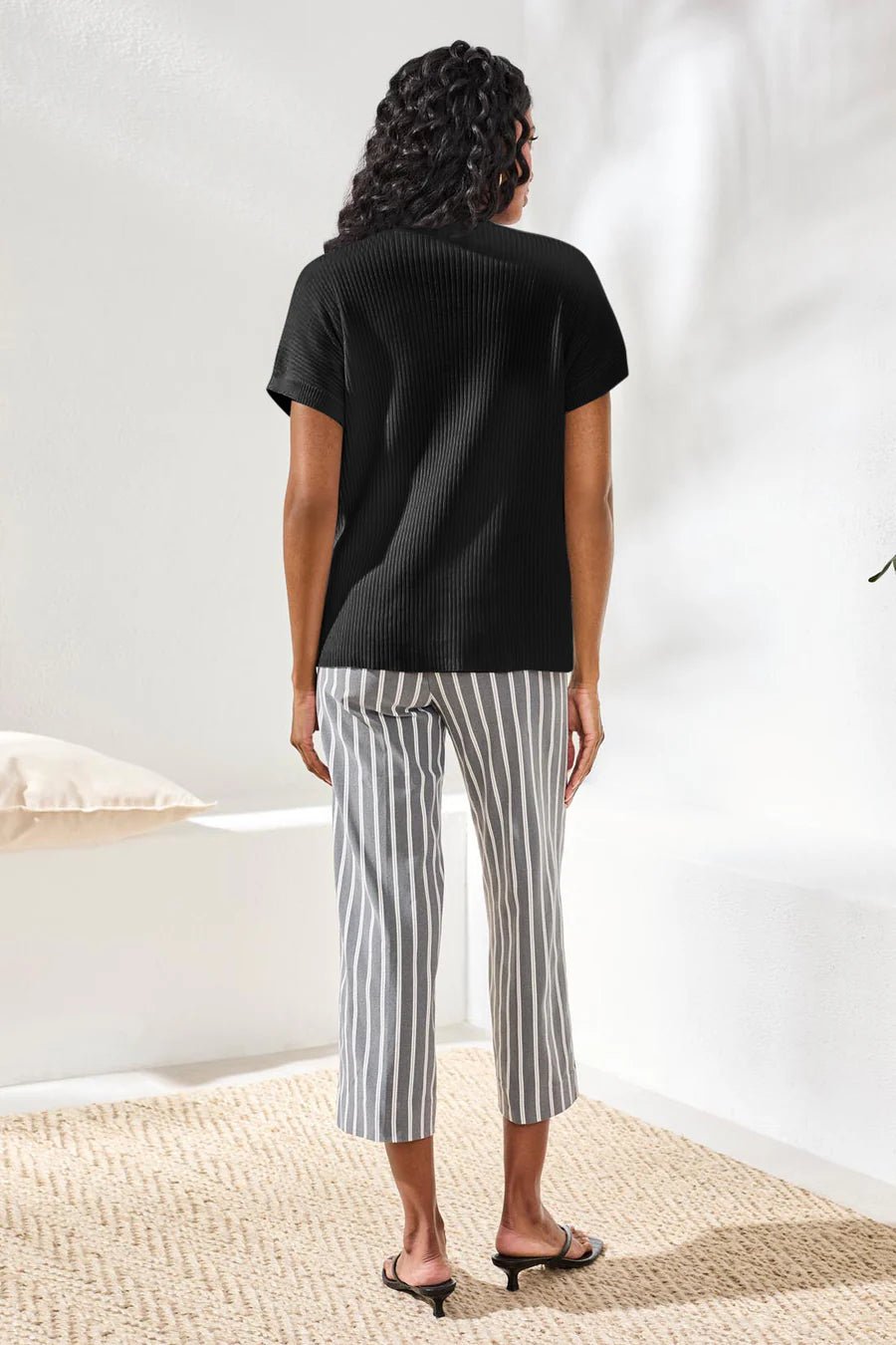 Tribal Dolman Short Sleeve Ribbed Knit Top with Pocket | Black