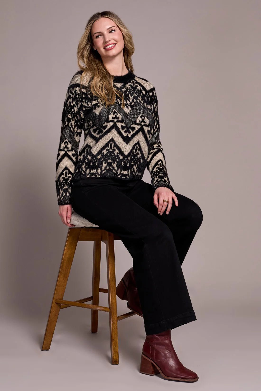 Tribal Double - Knit Eyelash Yarn Crew Neck Sweater – Black - Juli's Wearable Art