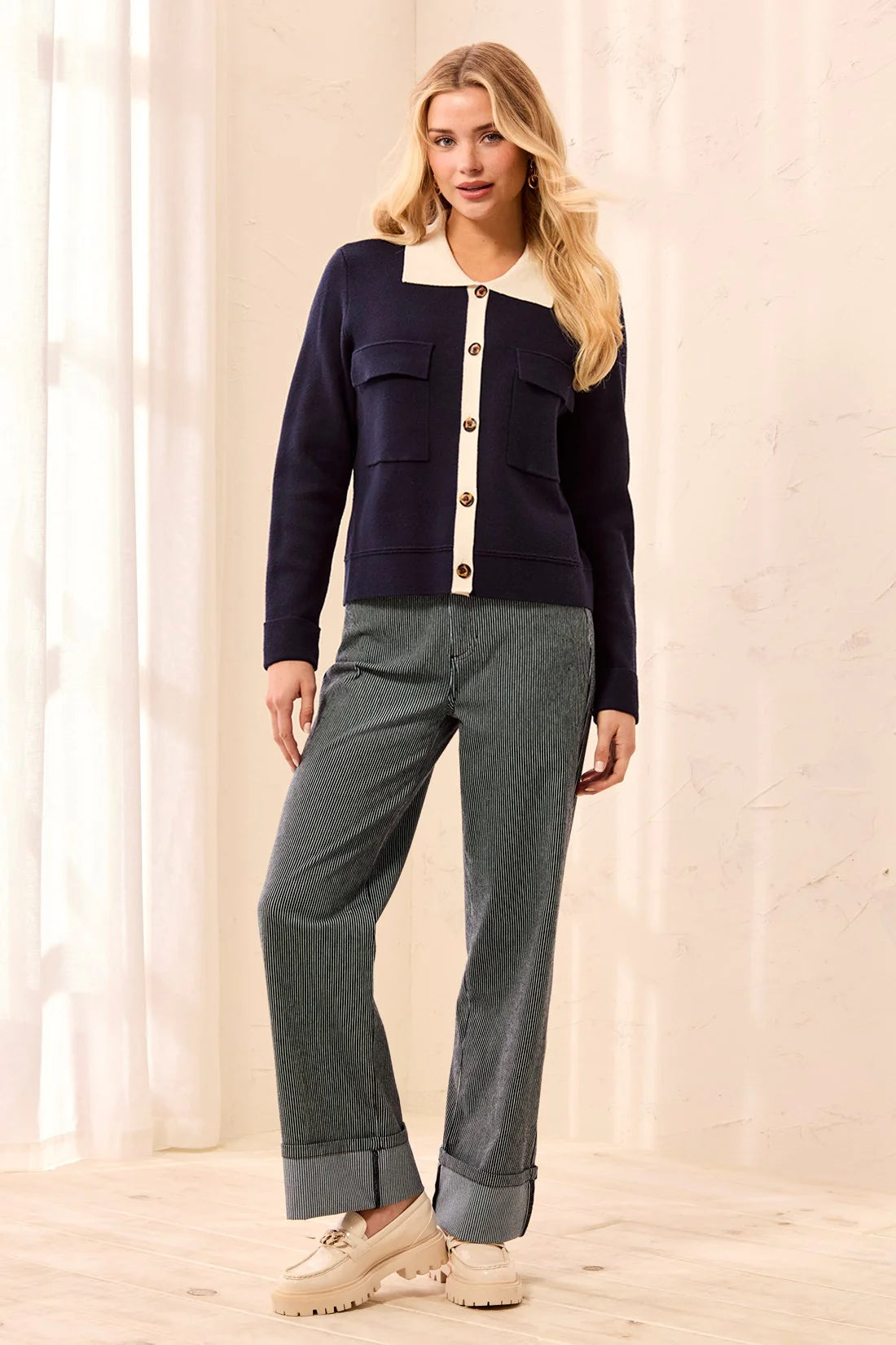 Tribal Double knit Long Sleeve Button-Front Collared Cardigan | Sapphire