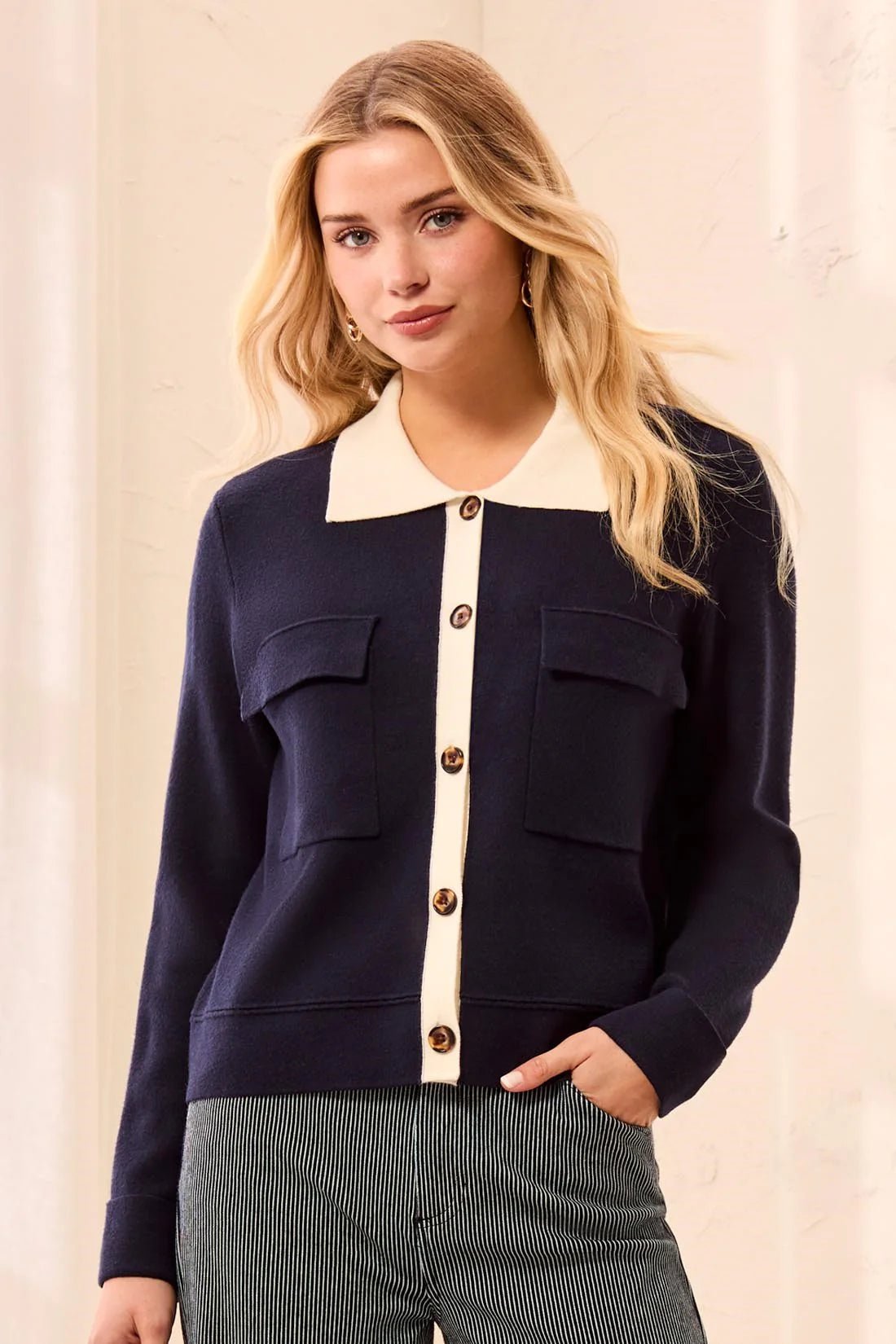 Tribal Double knit Long Sleeve Button-Front Collared Cardigan | Sapphire