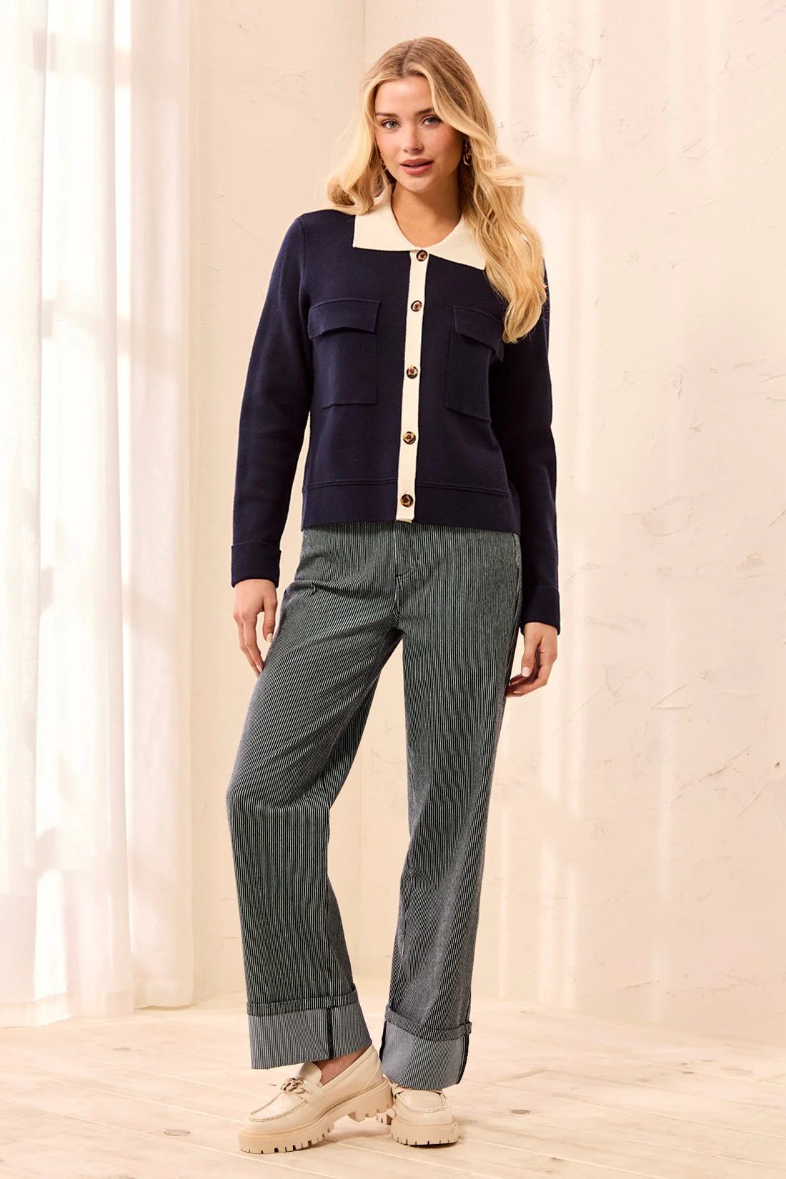 Tribal Double knit Long Sleeve Button-Front Collared Cardigan | Sapphire