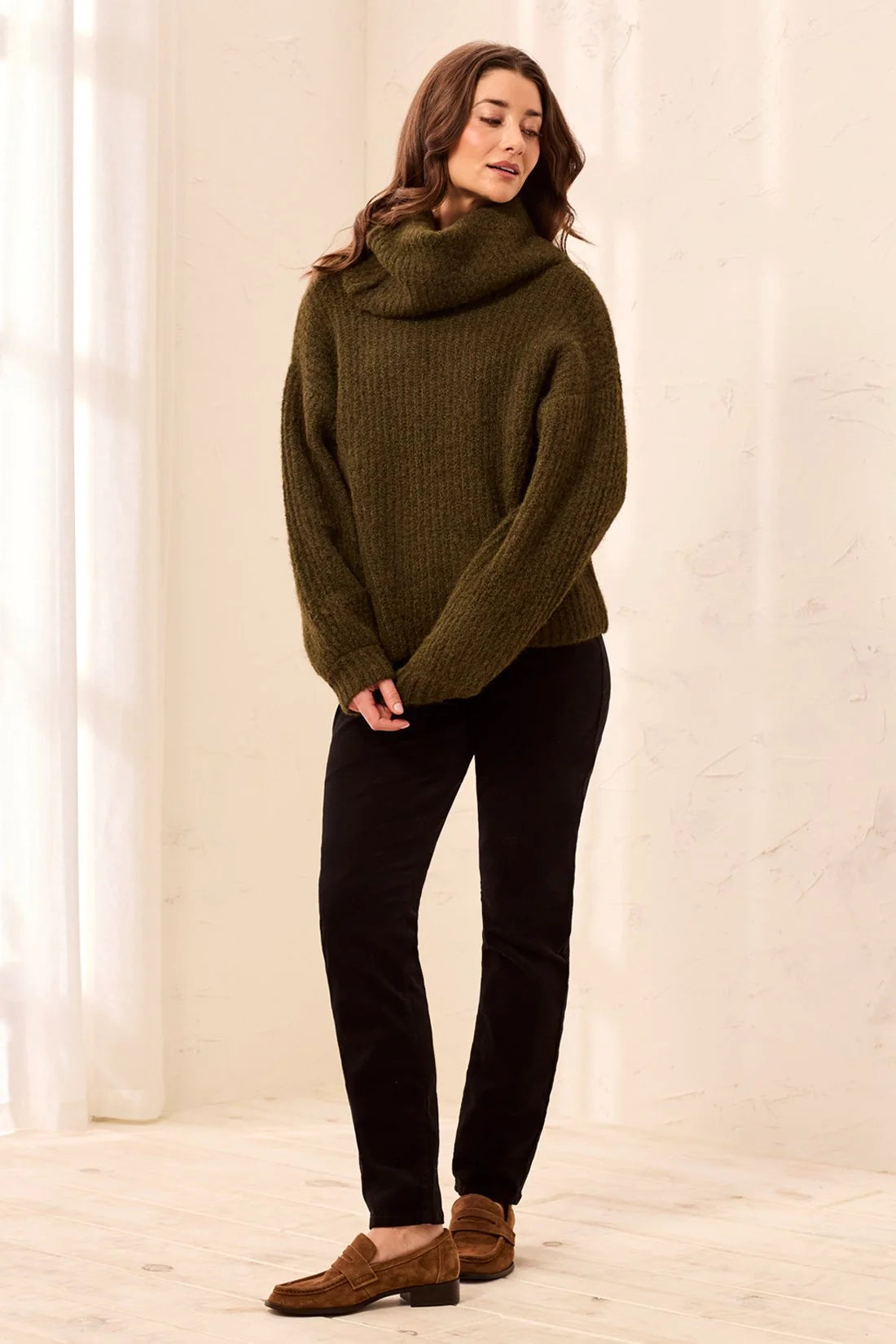 Tribal Drama Funnel Neck Puff Sleeve Textured Sweater | Heather Cedar Green