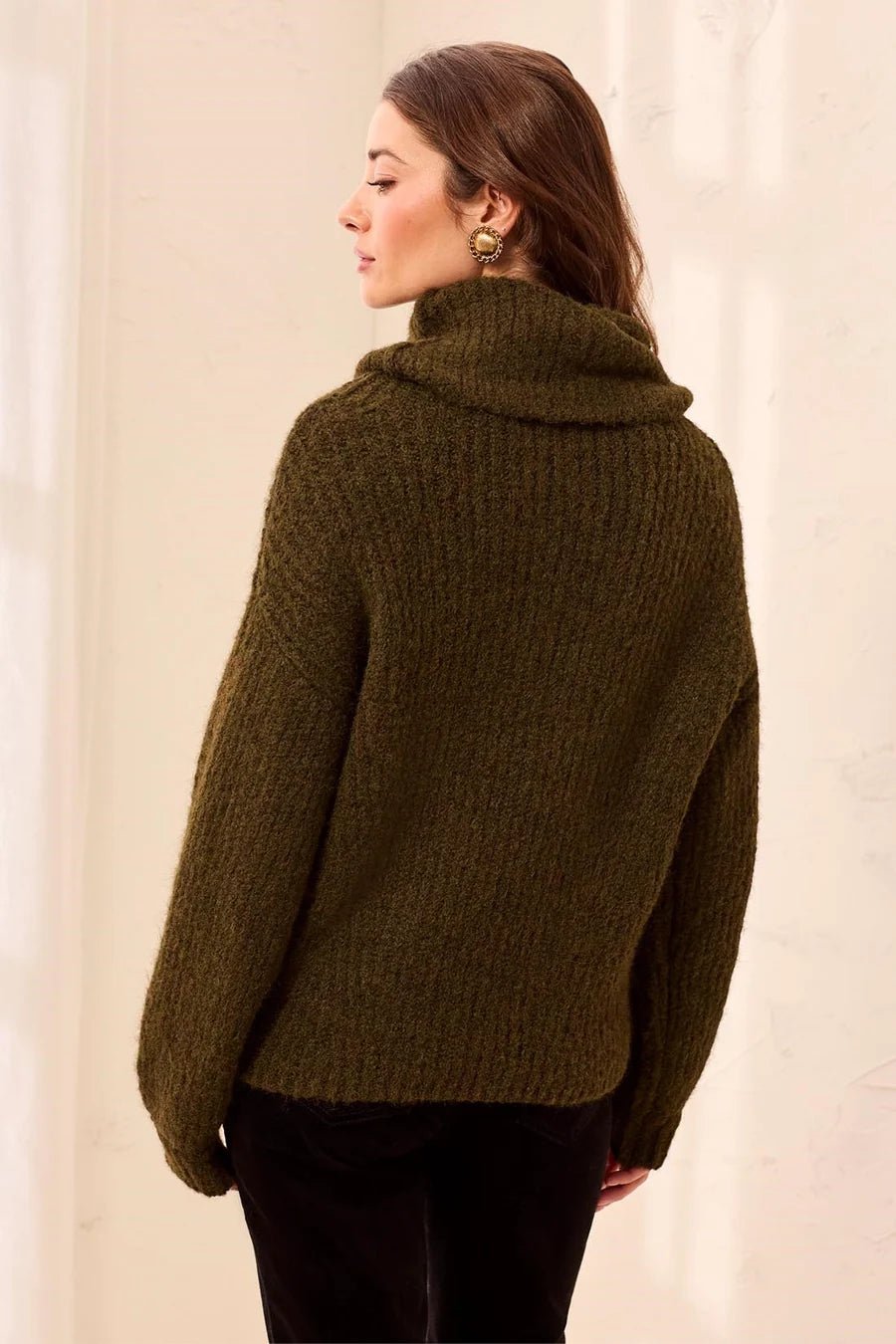 Tribal Drama Funnel Neck Puff Sleeve Textured Sweater | Heather Cedar Green - Juli's Wearable Art