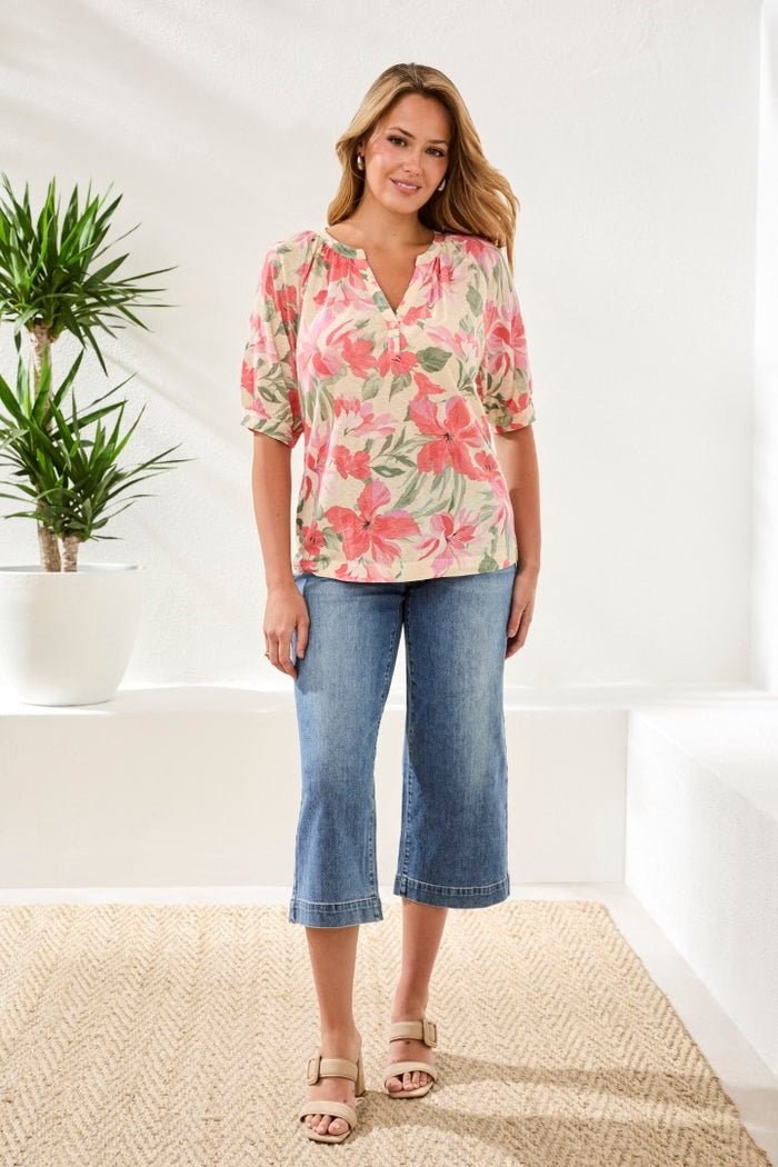 Tribal Elbow Sleeve Henley Top - Juli's Wearable Art