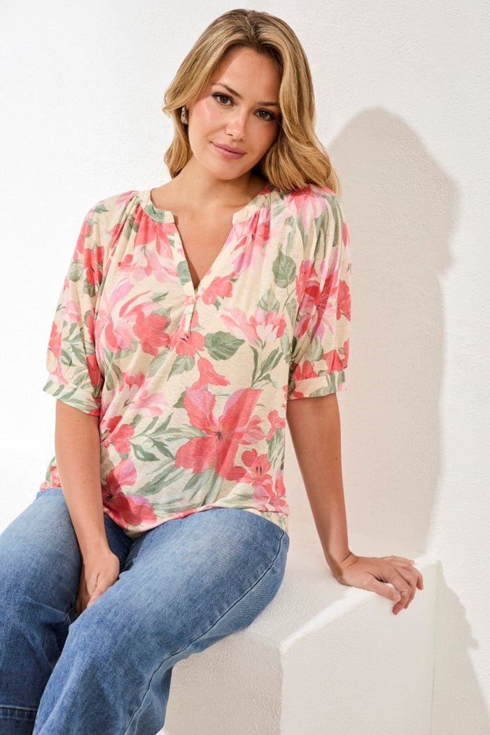 Tribal Elbow Sleeve Henley Top - Juli's Wearable Art