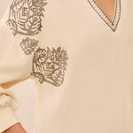 Tribal Embroidered 3/4 Sleeve Notch Neck Top | Moonstone - Juli's Wearable Art