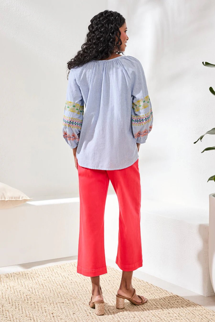 Tribal Embroidered Balloon Sleeve Tassel Tie Blouse | Baja Blue - Juli's Wearable Art