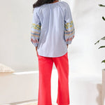 Tribal Embroidered Balloon Sleeve Tassel Tie Blouse | Baja Blue - Juli's Wearable Art