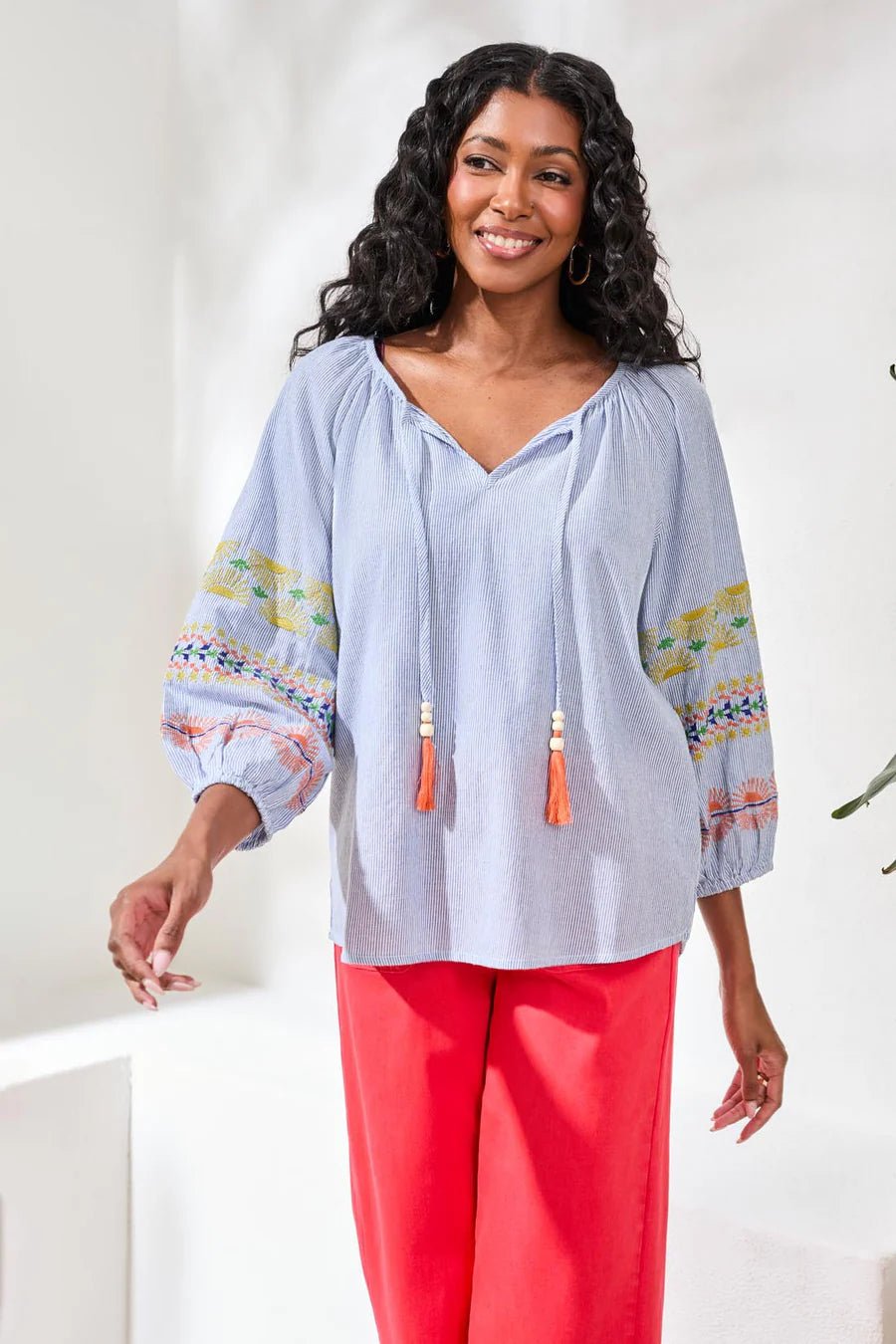 Tribal Embroidered Balloon Sleeve Tassel Tie Blouse | Baja Blue