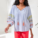 Tribal Embroidered Balloon Sleeve Tassel Tie Blouse | Baja Blue - Juli's Wearable Art