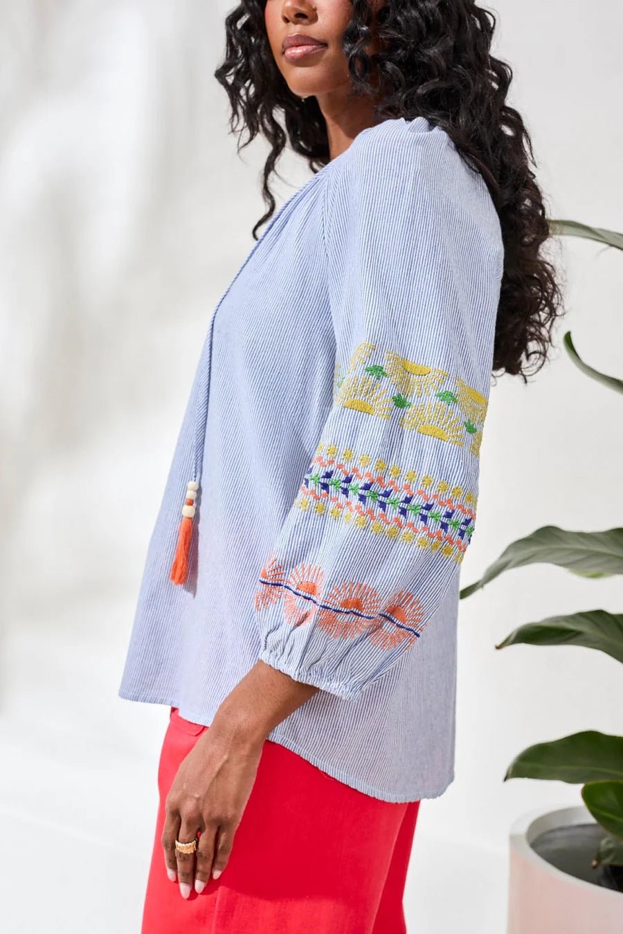 Tribal Embroidered Balloon Sleeve Tassel Tie Blouse | Baja Blue