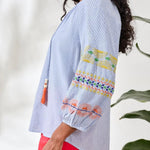 Tribal Embroidered Balloon Sleeve Tassel Tie Blouse | Baja Blue - Juli's Wearable Art
