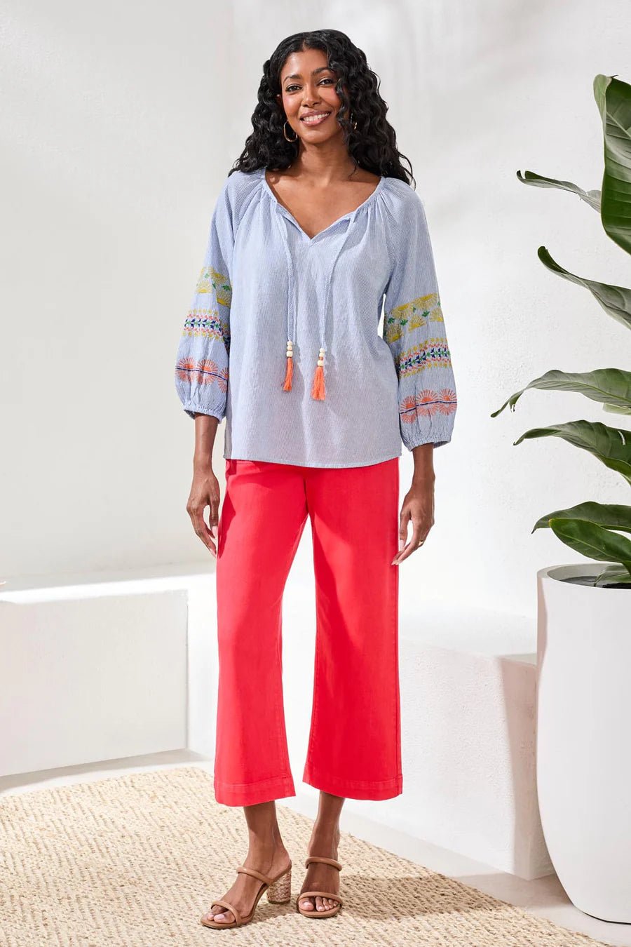 Tribal Embroidered Balloon Sleeve Tassel Tie Blouse | Baja Blue - Juli's Wearable Art