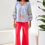 Tribal Embroidered Balloon Sleeve Tassel Tie Blouse | Baja Blue - Juli's Wearable Art