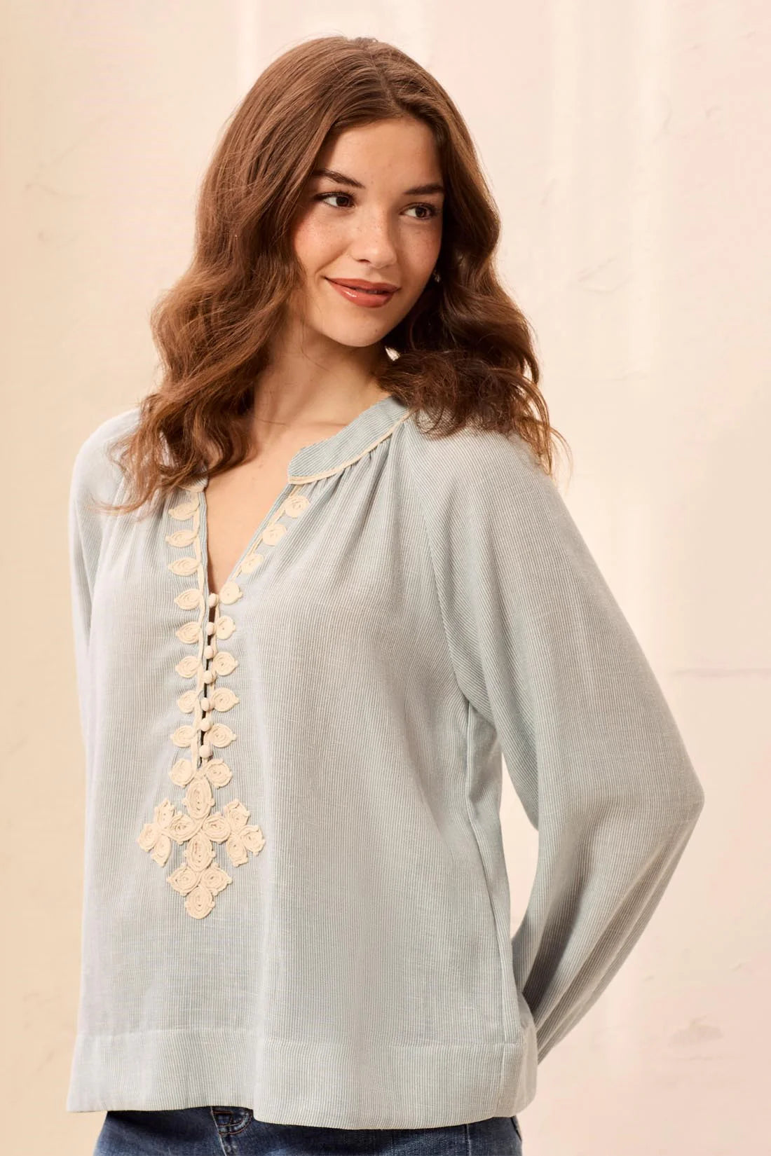 Tribal Embroidered Notch Neck Button Placket Blouse | Blue Fog