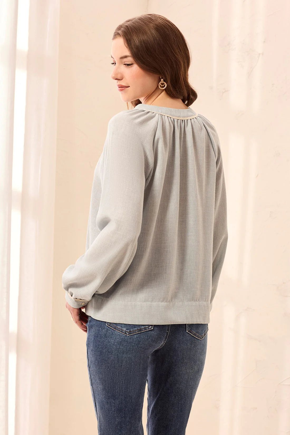 Tribal Embroidered Notch Neck Button Placket Blouse | Blue Fog - Juli's Wearable Art