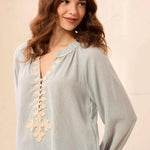 Tribal Embroidered Notch Neck Button Placket Blouse | Blue Fog - Juli's Wearable Art