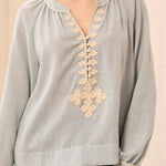 Tribal Embroidered Notch Neck Button Placket Blouse | Blue Fog - Juli's Wearable Art