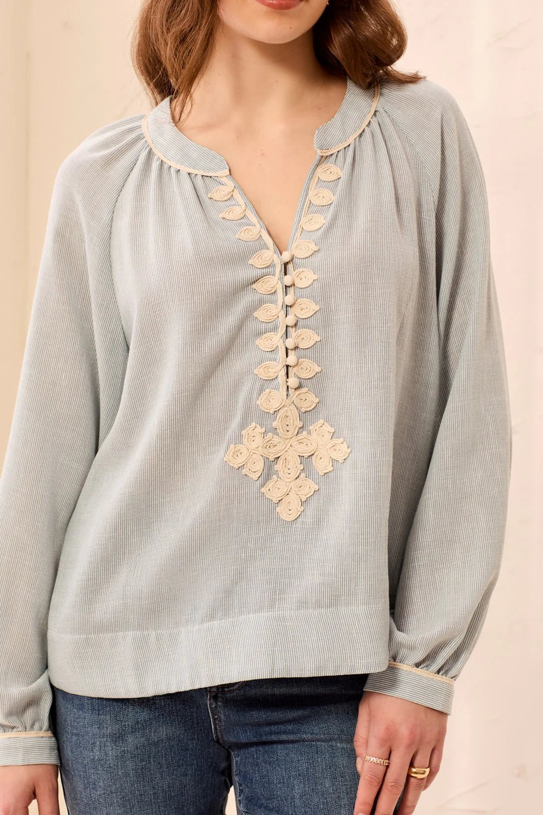 Tribal Embroidered Notch Neck Button Placket Blouse | Blue Fog - Juli's Wearable Art