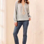 Tribal Embroidered Notch Neck Button Placket Blouse | Blue Fog - Juli's Wearable Art