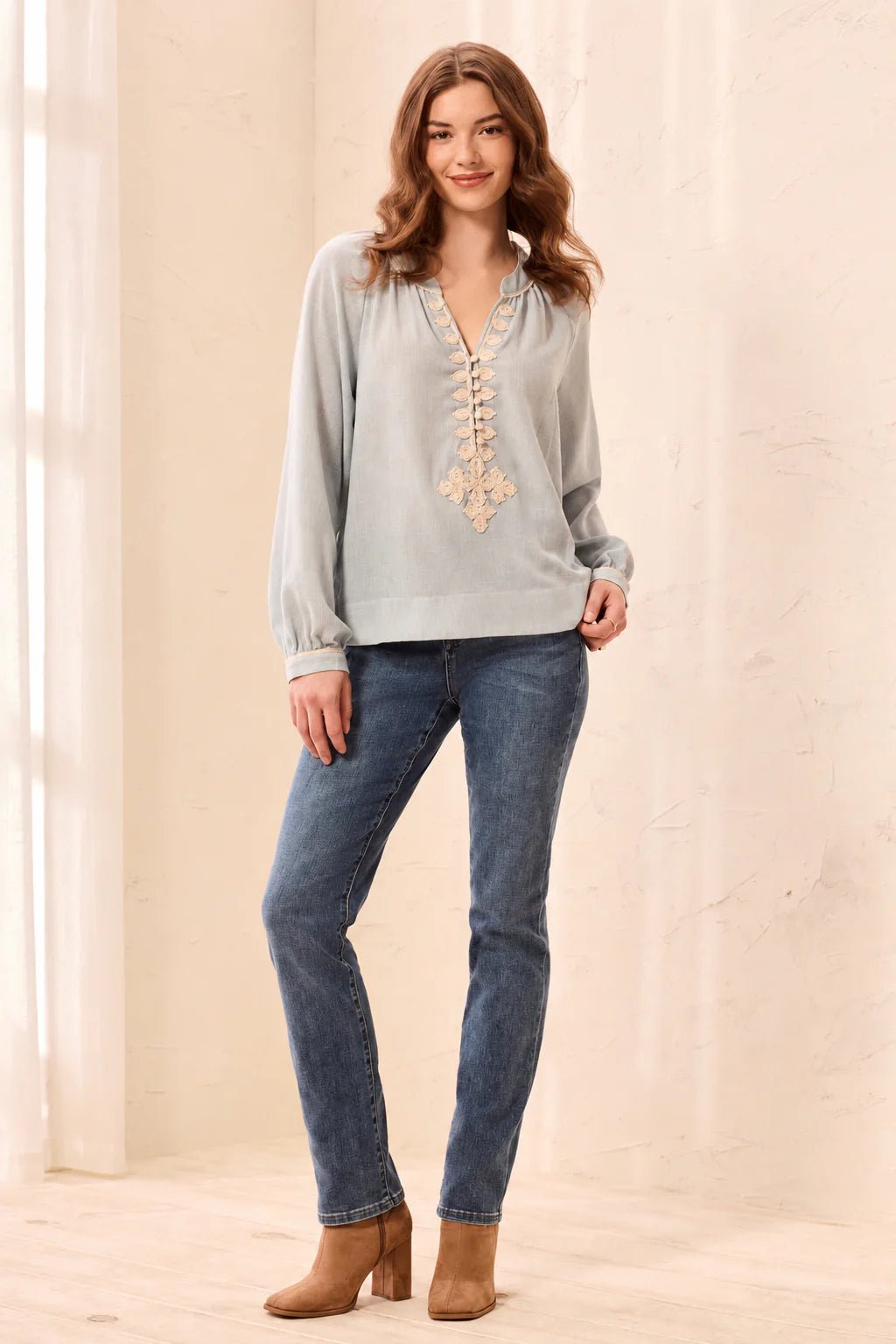 Tribal Embroidered Notch Neck Button Placket Blouse | Blue Fog