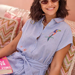 Tribal Embroidered Stripe Cotton Shirt Dress | Baja Blue - Juli's Wearable Art