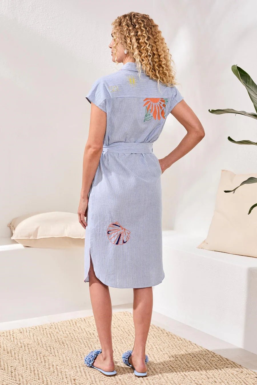 Tribal Embroidered Stripe Cotton Shirt Dress | Baja Blue - Juli's Wearable Art