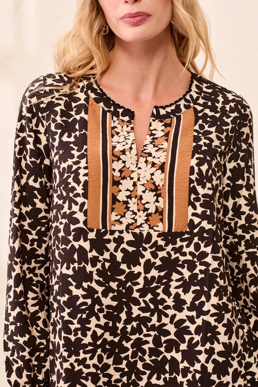 Tribal Empire Waist Long Sleeve Split Neck Tunic Dress | Maple
