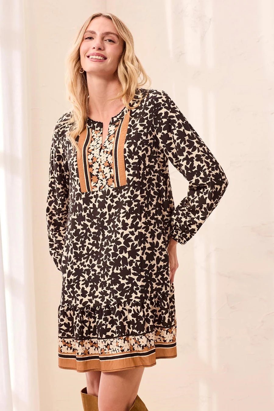 Tribal Empire Waist Long Sleeve Split Neck Tunic Dress | Maple - Juli's Wearable Art