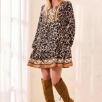 Tribal Empire Waist Long Sleeve Split Neck Tunic Dress | Maple - Juli's Wearable Art