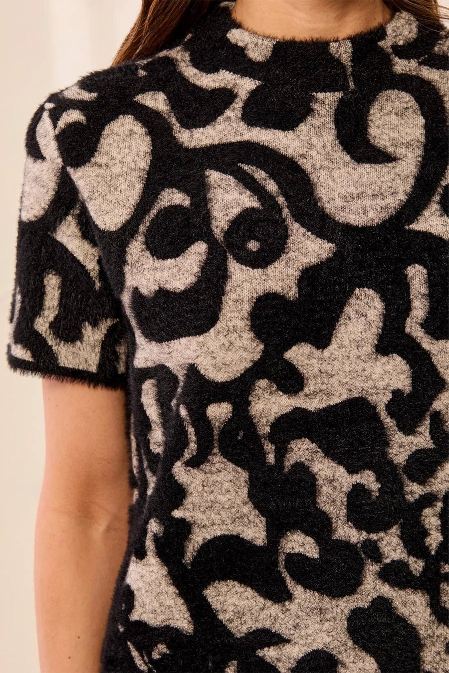 Tribal Eyelash Yarn Short Sleeve Mock Neck Sweater Dress - Juli's Wearable Art