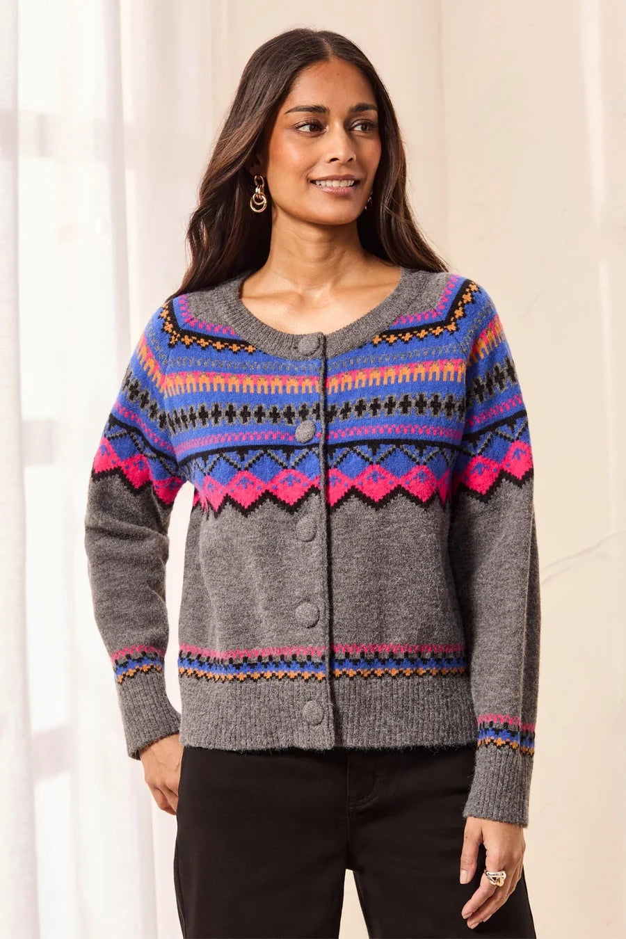 Tribal Fair Isle Button Front Sweater Cardigan | Charcoal
