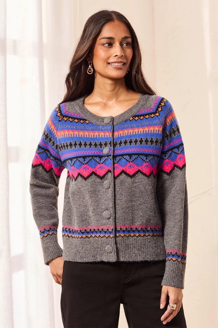 Tribal Fair Isle Button Front Sweater Cardigan | Charcoal