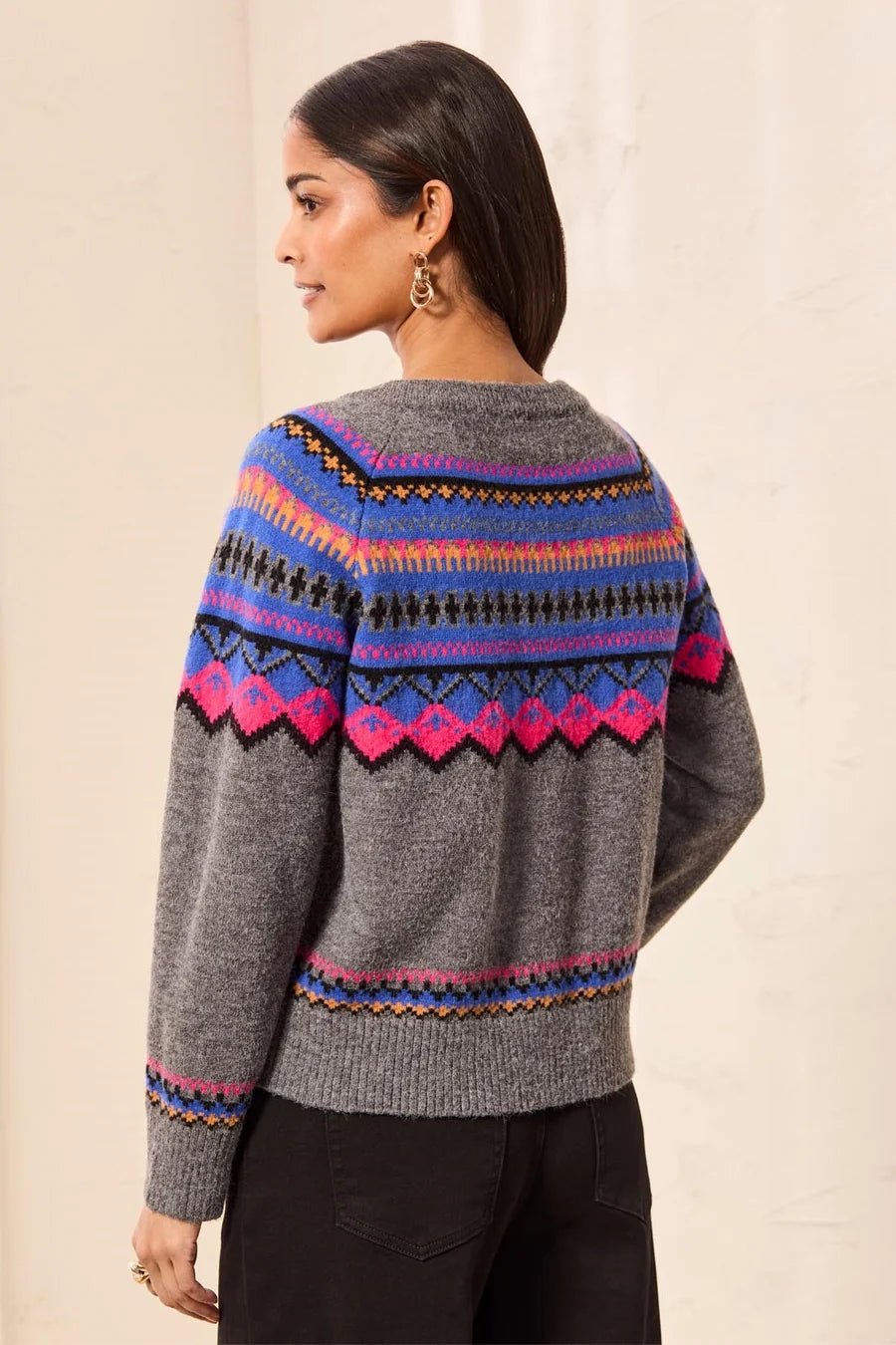 Tribal Fair Isle Button Front Sweater Cardigan | Charcoal - Juli's Wearable Art