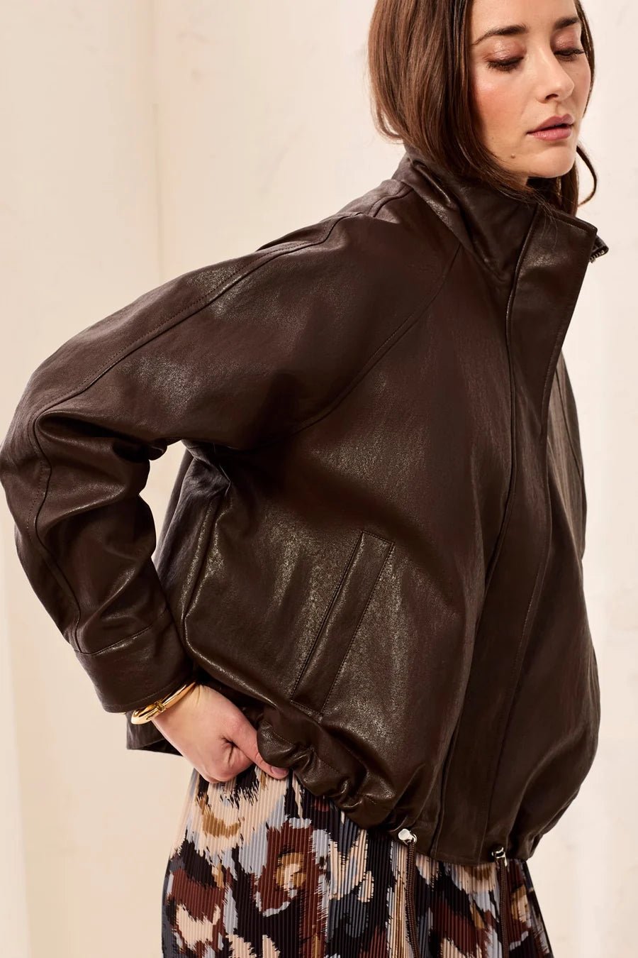 Tribal Faux Leather Mock Neck Adjustable Bubble Hem Jacket | Saddle Brown - Juli's Wearable Art