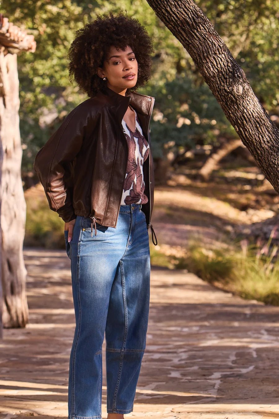 Tribal Faux Leather Mock Neck Adjustable Bubble Hem Jacket | Saddle Brown