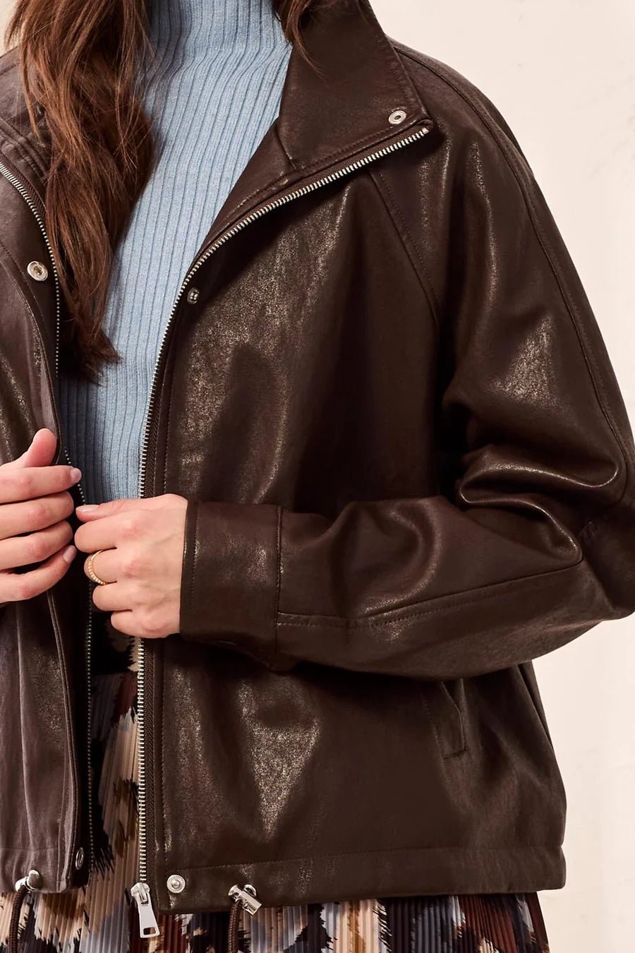 Tribal Faux Leather Mock Neck Adjustable Bubble Hem Jacket | Saddle Brown