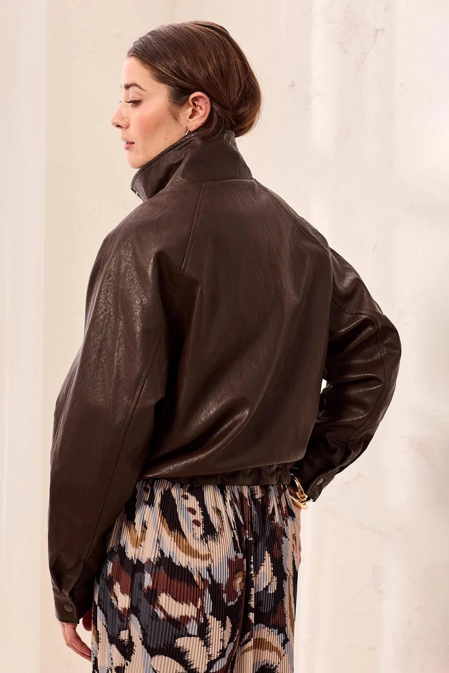Tribal Faux Leather Mock Neck Adjustable Bubble Hem Jacket | Saddle Brown - Juli's Wearable Art