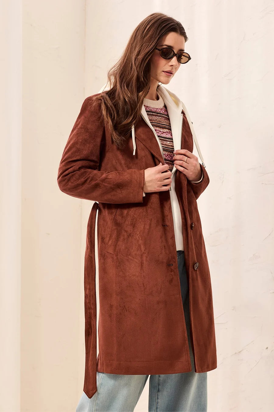 Tribal Faux Suede Belted Trench Coat with Removable Hoodie | Intense Rust